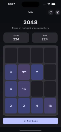 GridX gameplay: a 4 by 4 board with score 224